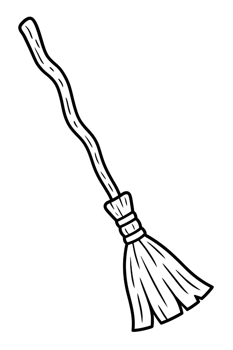 escoba de bruja dibujo con palo de madera vetado y paja ancha, lista para colorear