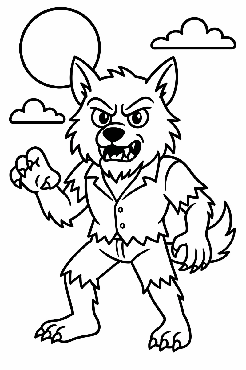 hombre lobo dibujos bajo la luna con nubes para colorear en A4
