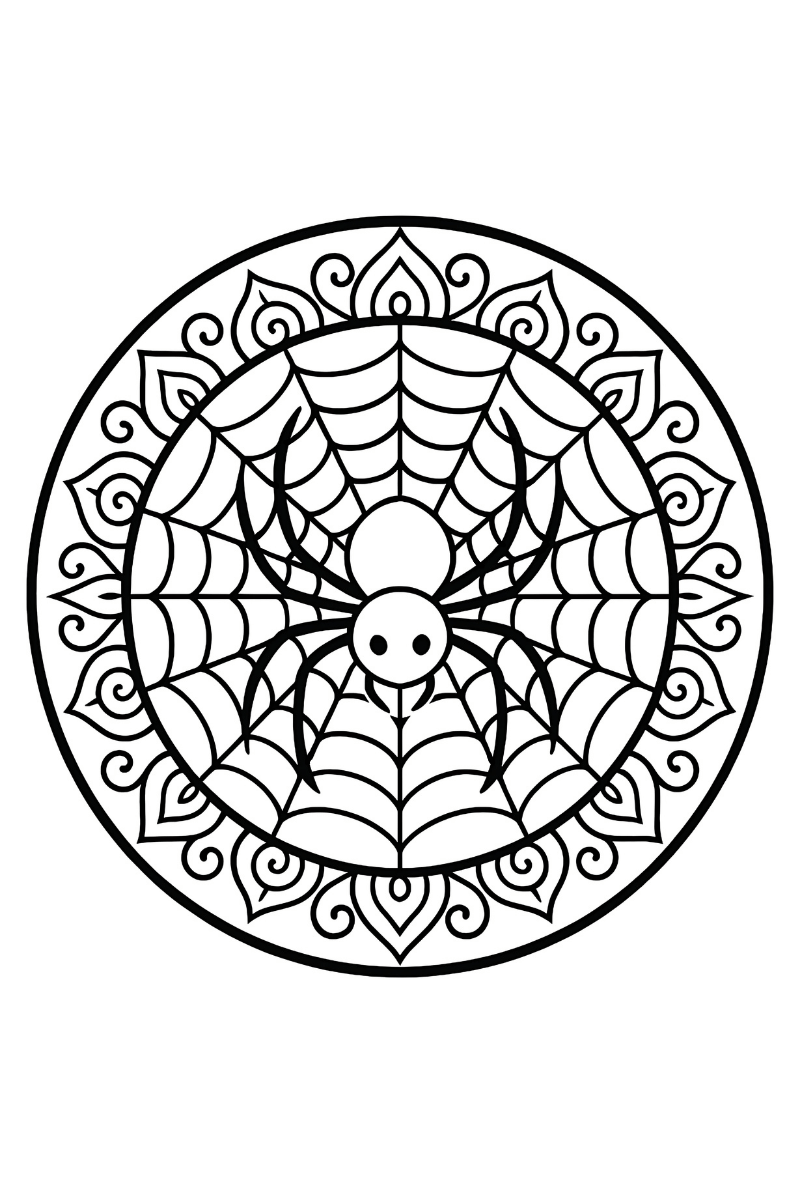 mandala araña para colorear e imprimir con patas sencillas y marco de formas fáciles