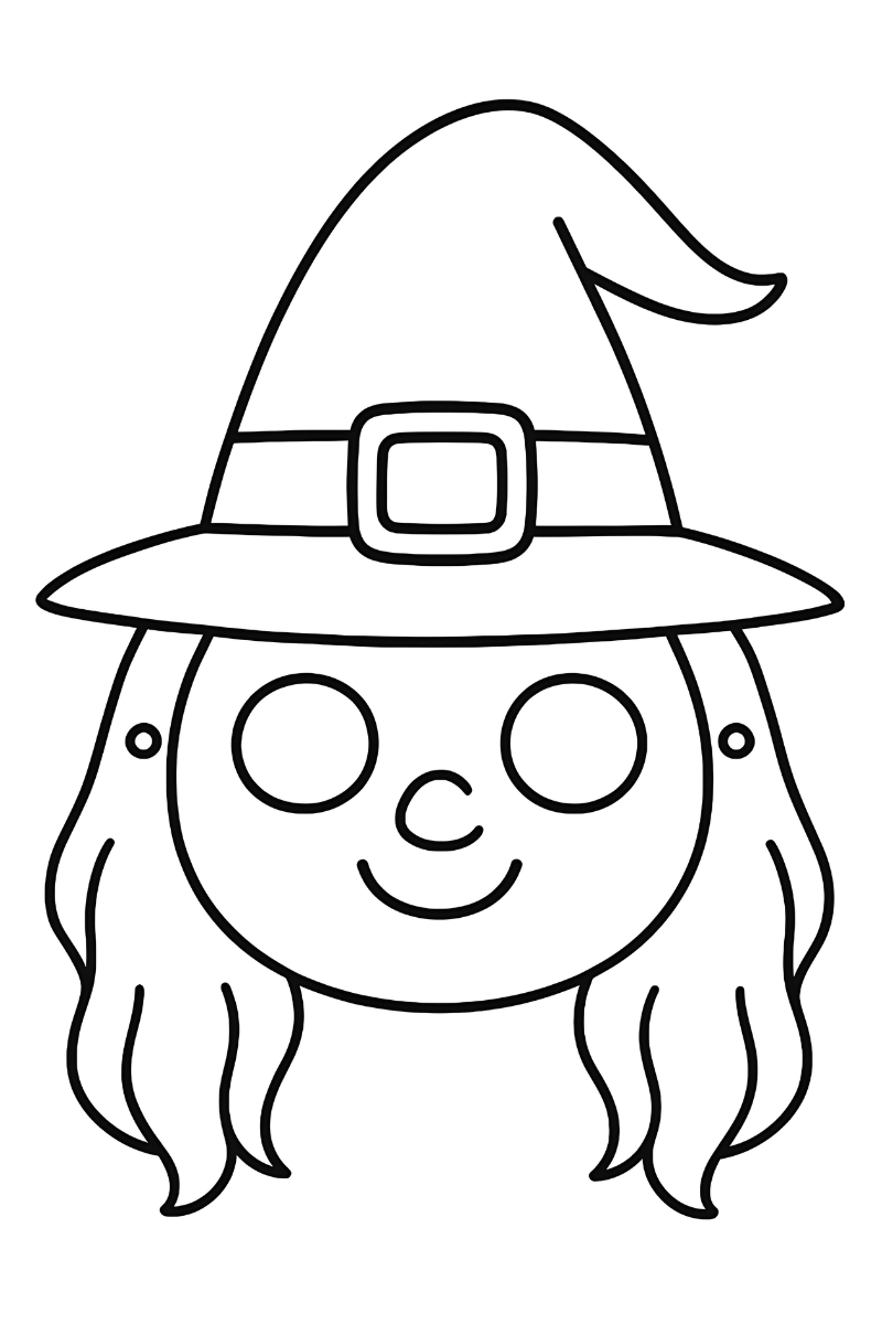mascara de bruja para colorear con pelo ondulado y gran sombrero, antifaz fácil para niños