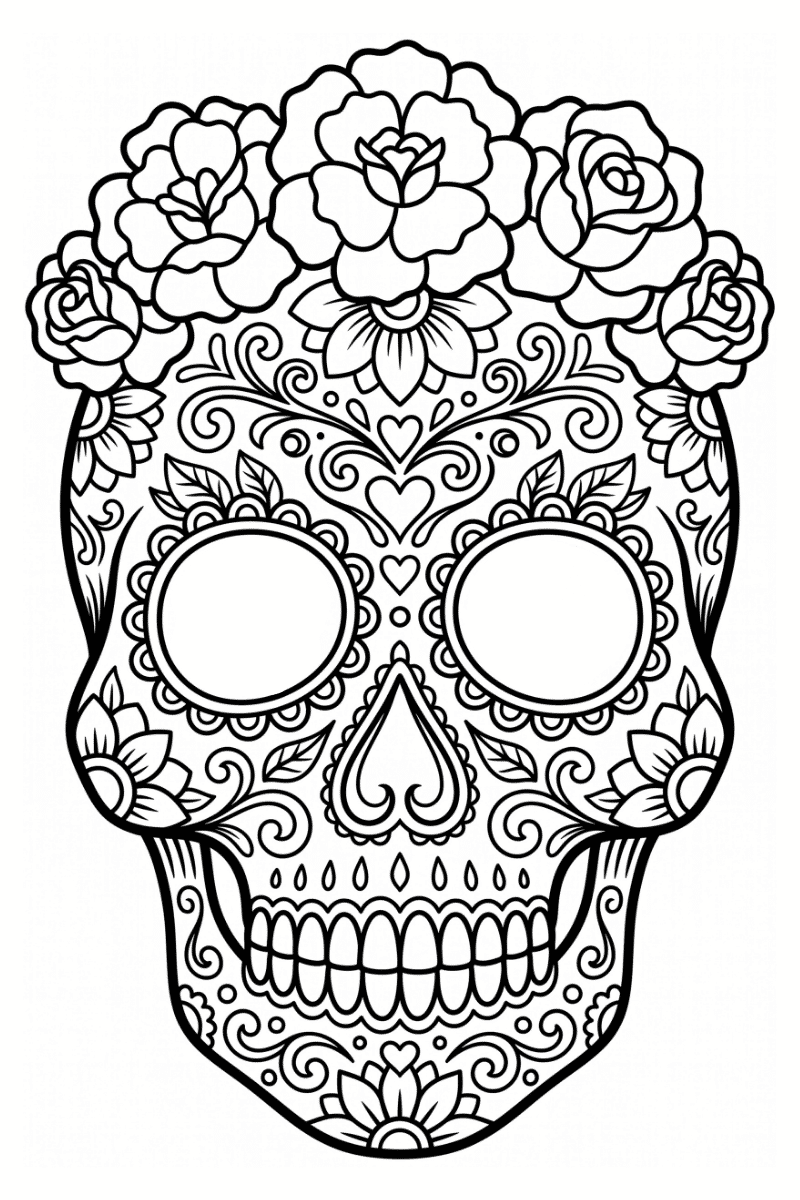 mascara de catrina para colorear en cartulina con telaraña, flores y dientes marcados