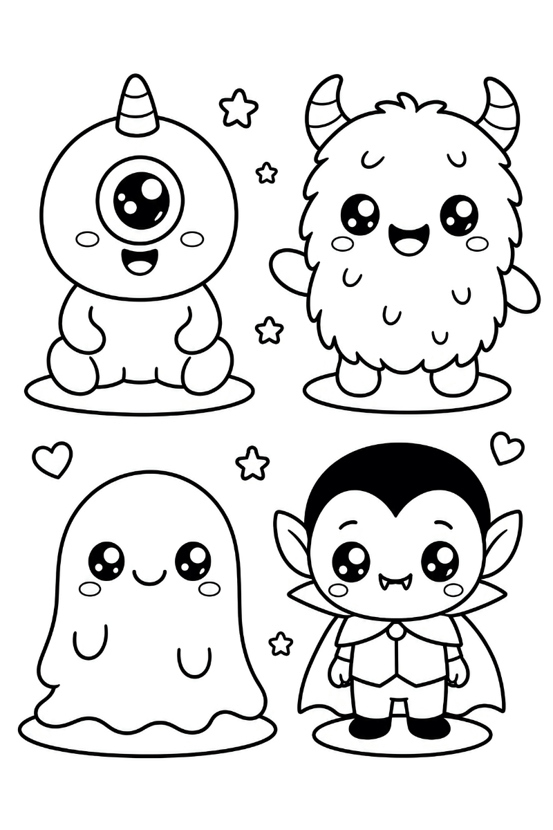 monstruos kawaii para colorear con fondo de estrellitas: hoja imprimible para niños
