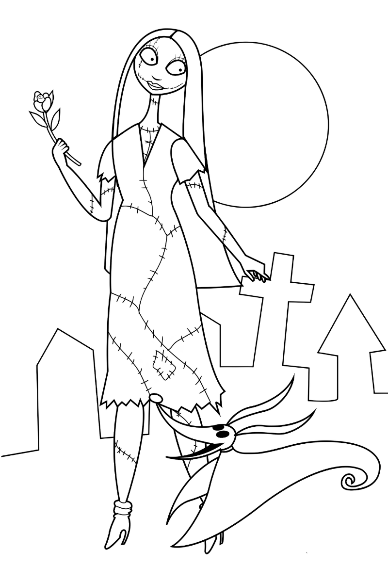 sally el extraño mundo de jack dibujo con flor y Zero frente a la luna