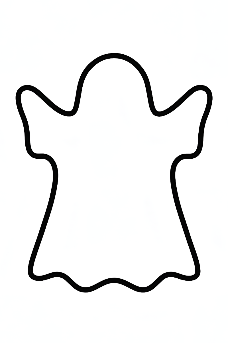Silueta fantasma dibujo en A4 con contorno negro grueso y cerrado, interior blanco para colorear o añadir ojos