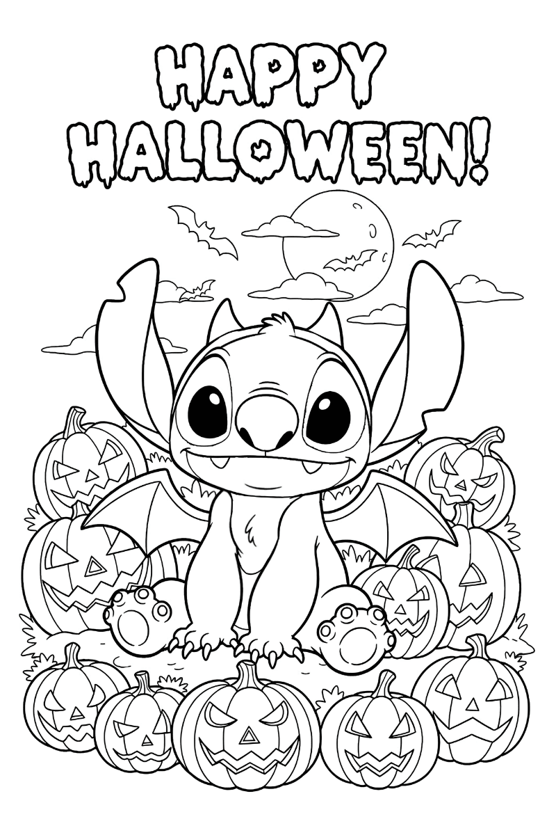 stitch halloween para colorear con alas, calabazas y luna llena en A4