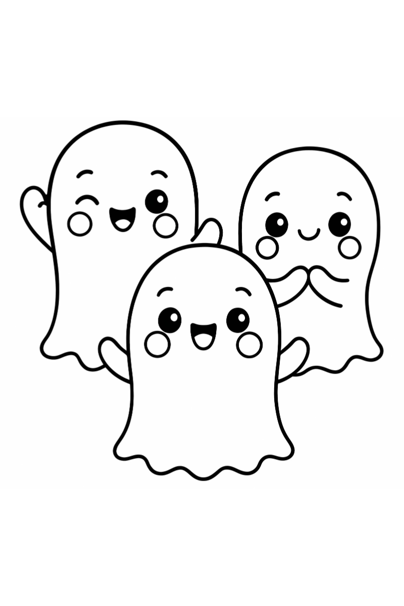 fantasmas infantiles dibujos en estilo kawaii con tres fantasmitas sonrientes listos para imprimir y colorear