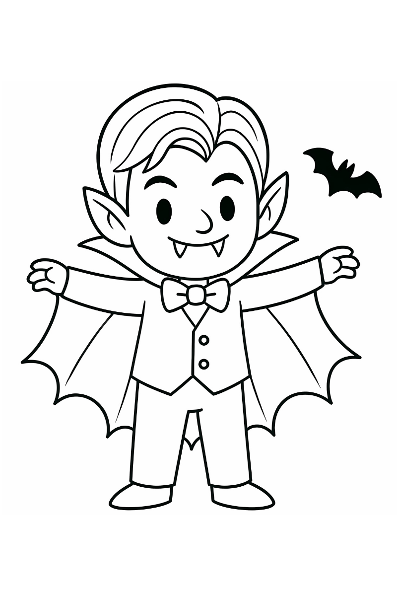vampiro dibujo facil en A4 con capa extendida y colmillos pequeños, contornos gruesos para colorear en Halloween
