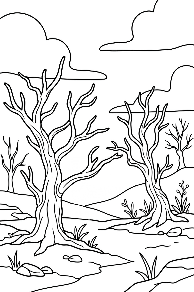 arboles muertos dibujos oara imprimir y colorear con árbol central de tronco retorcido en A4