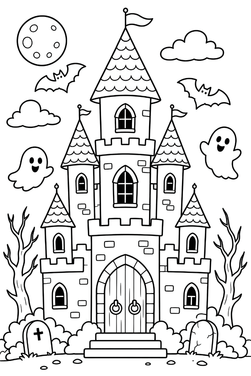 castillo embrujado dibujo con luna, murciélagos y calabaza, listo para imprimir y colorear