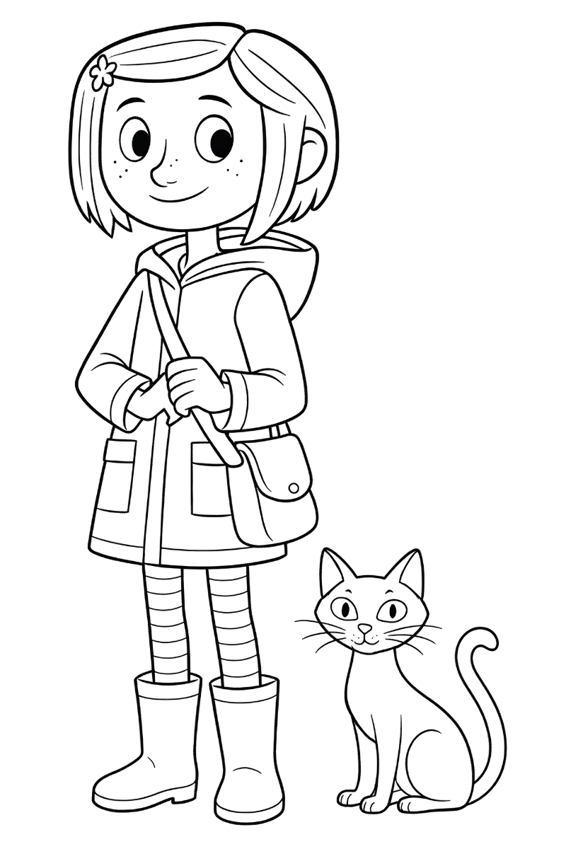 coraline para colorear con abrigo y gato sentado, estilo infantil
