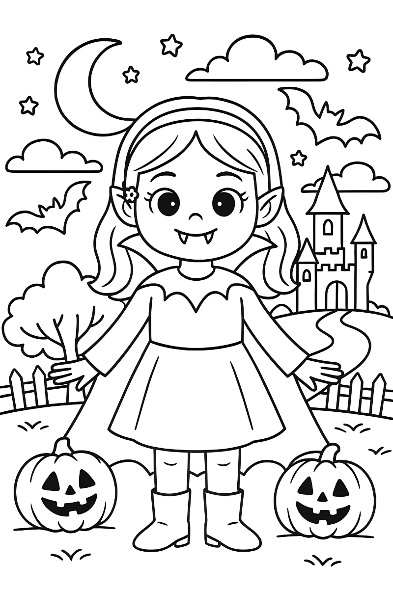dibujo de vampira para colorear con capa abierta, calabazas y castillo bajo la luna
