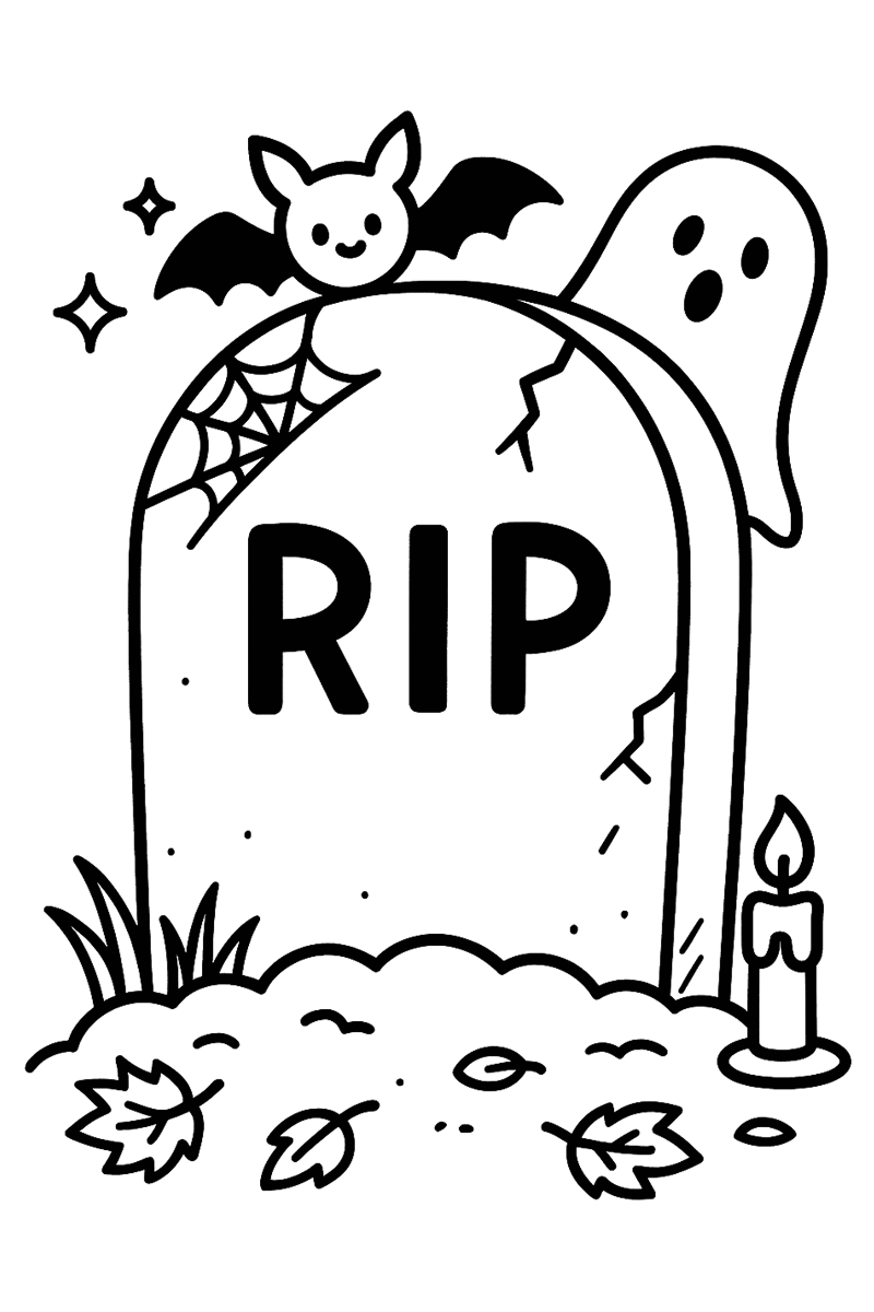 dibujo lapida halloween con RIP recortable y efecto vitral para ventana, ideal para manualidades