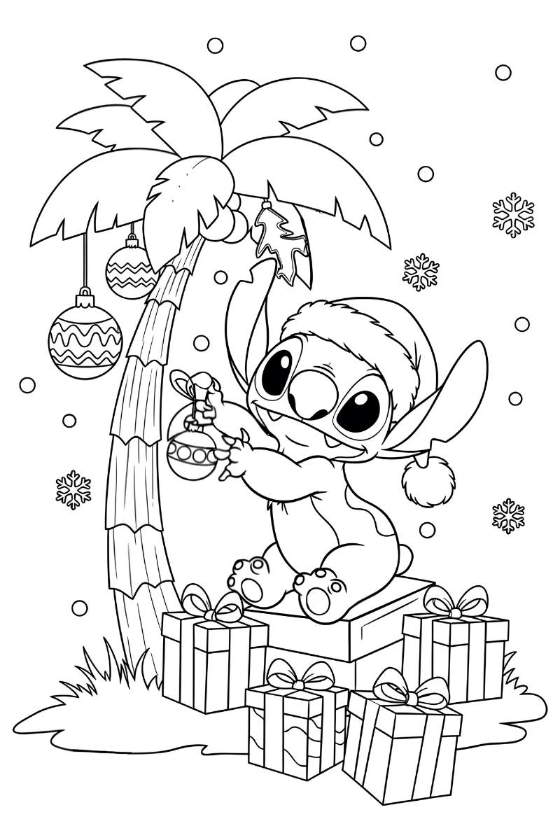 dibujos de stitch de navidad con gorro de Papá Noel y cajas de regalo bajo una palmera
