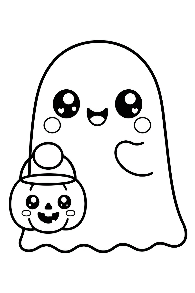 fantasma kawaii con ojos grandes y cubo de calabaza para truco o trato, listo para imprimir en A4