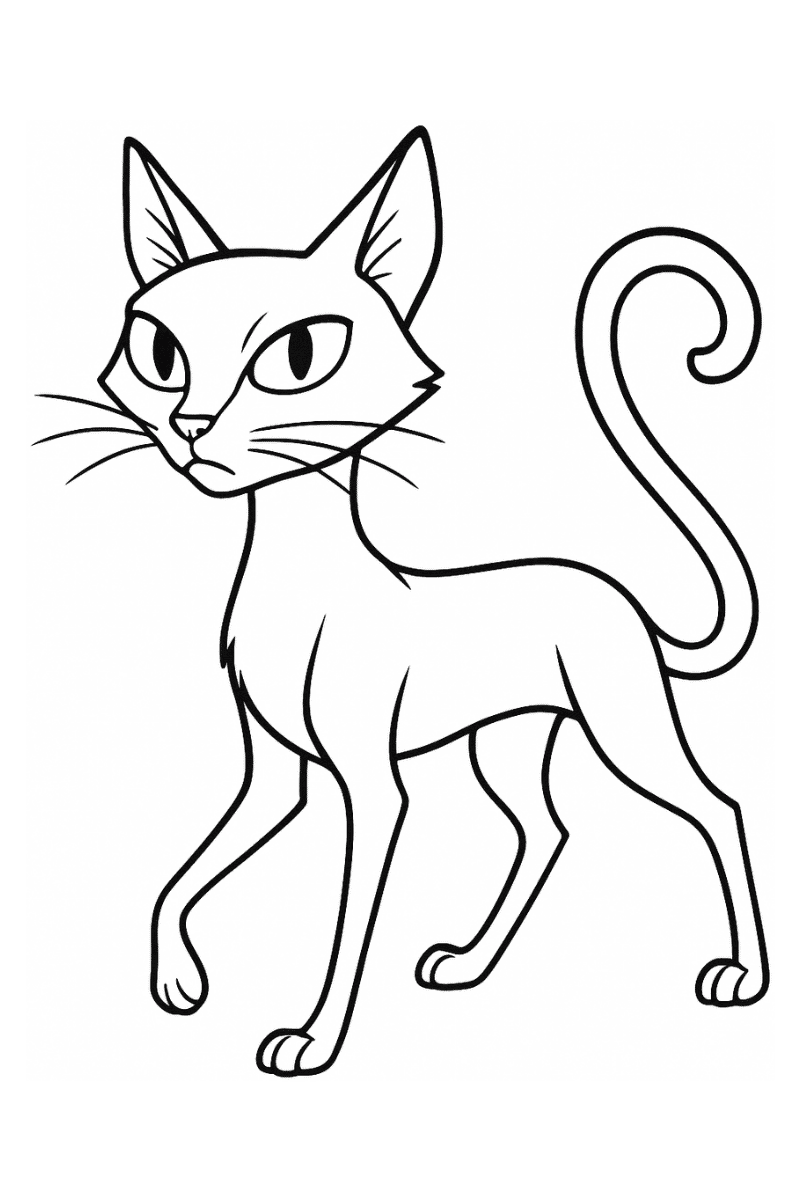 gato de coraline para colorear con cola en espiral y mirada curiosa