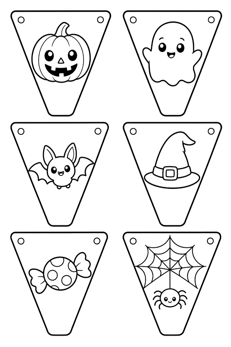 guirnalda halloween para imprimir de calabaza, fantasma, murciélago y calavera en banderines