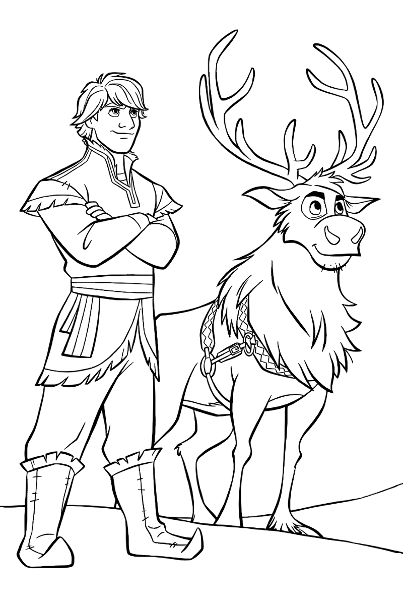 kristoff frozen dibujo para colorear e imprimir con Sven de pie sobre la nieve, contornos claros para imprimir y colorear en casa o en clase