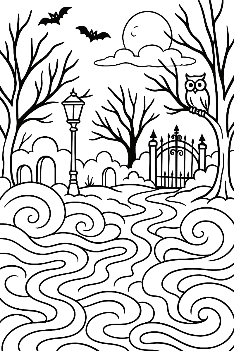 niebla dibujo con bruma en capas y halo de luna para colorear