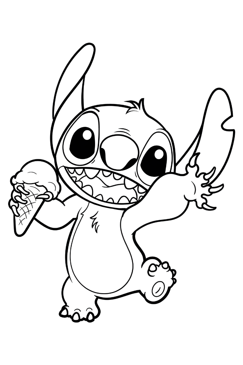 Dibujo stitch con helado para colorear e imprimir con espacios amplios para pintar