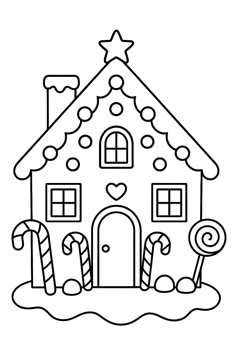 casa de jengibre dibujo para colorear con caramelos y estrella para colorear en Navidad