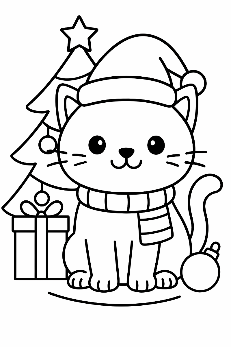 gato navidad dibujo para colorear e imprimir con gorro, bufanda y árbol con estrella