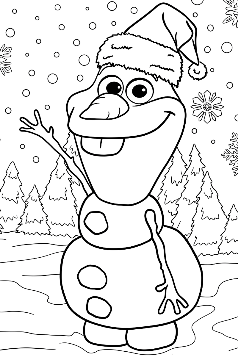 Dibujo Olaf de navidad para colorear e imprimir con copos alrededor y suelo helado