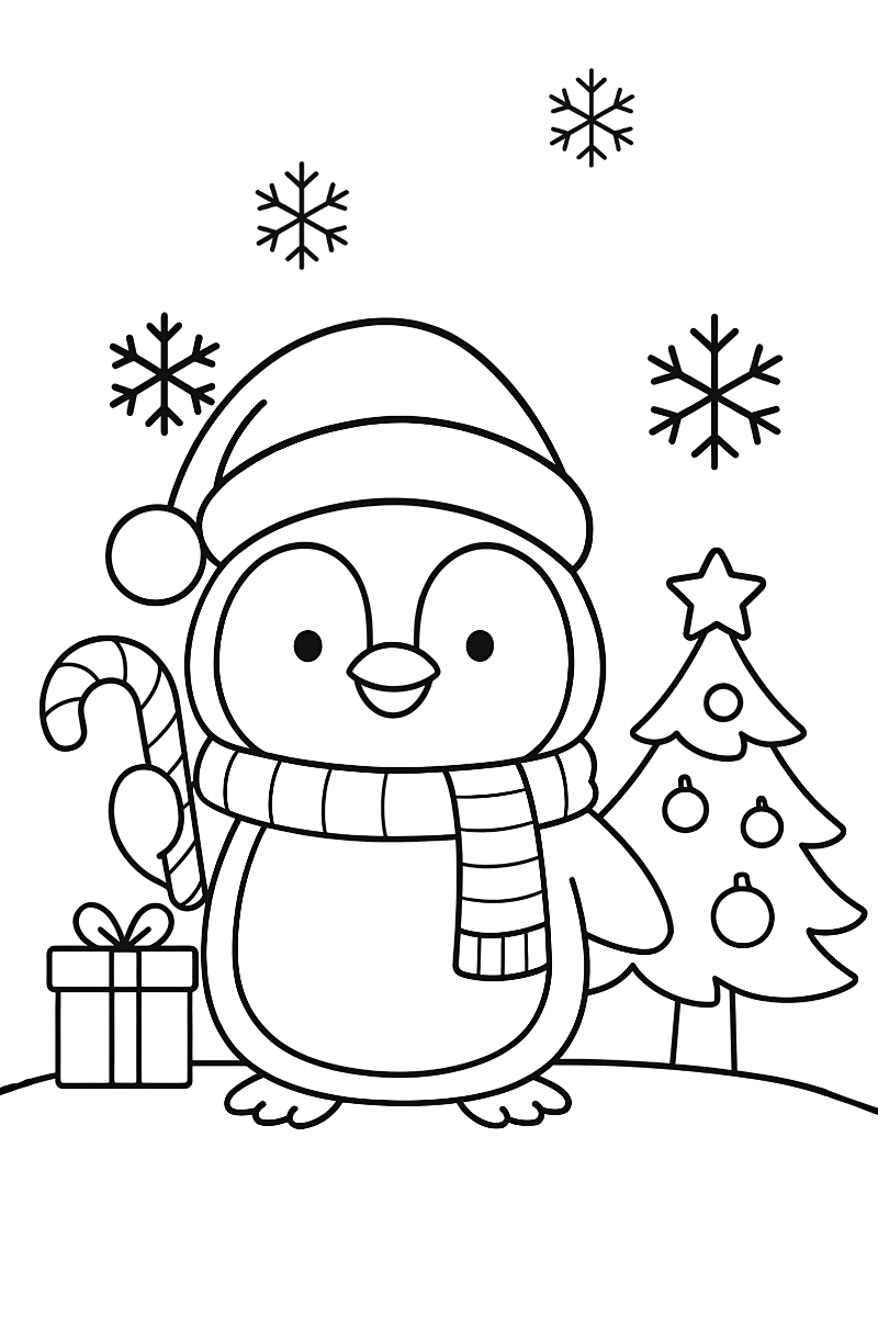 dibujos de pingüinos navideños para colorear e imprimir con gorro, bufanda y bastón de caramelo junto a un árbol