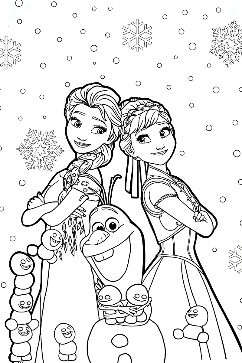 elsa anna y olaf para colorear en un fondo de copos de nieve, listo para imprimir