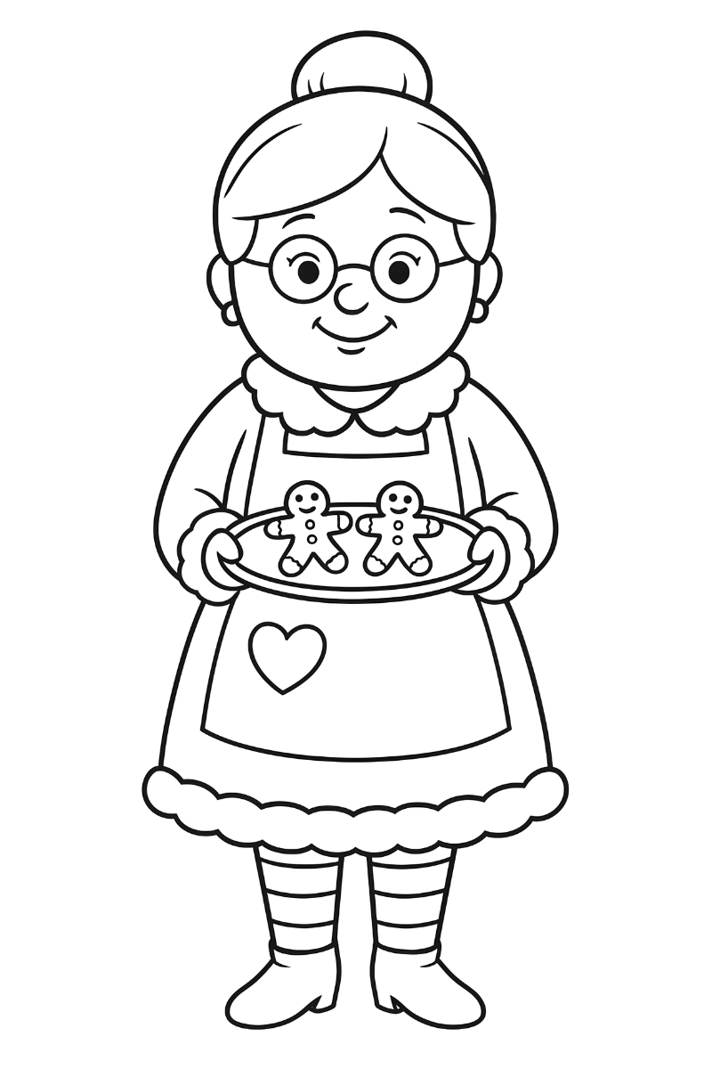 mama noel para colorear e imprimir con bandeja de galletas y delantal en A4