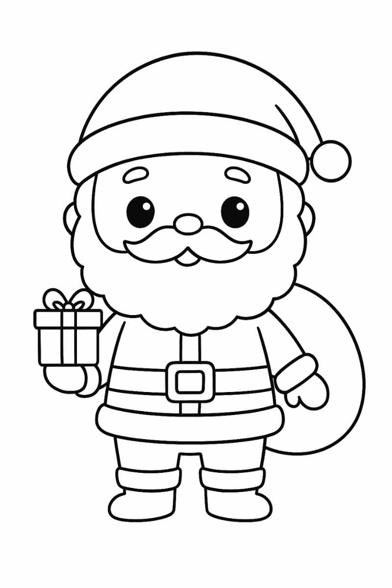 papa noel dibujo kawaii para colorear con regalo en la mano y saco a la espalda