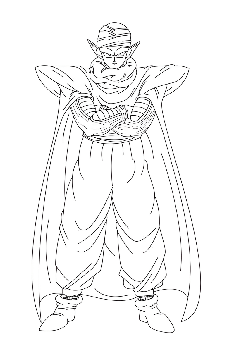 piccolo para colorear e imprimir en A4 con pose seria y capa abierta