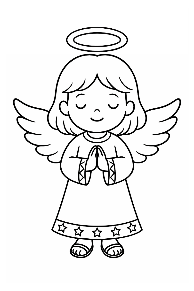angel de navidad dibujo para colorear e imprimir con aureola, alas grandes y manos juntas