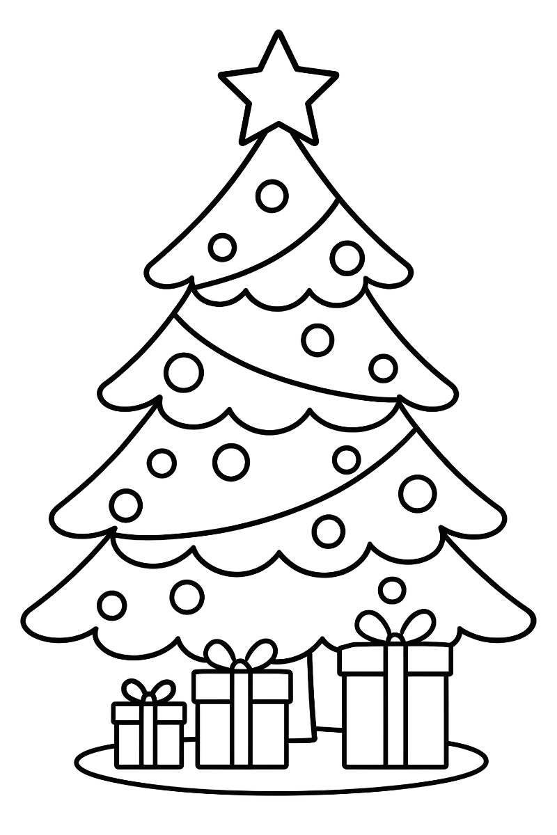 arbol de navidad dibujo con estrella, bolas y regalos para imprimir y colorear