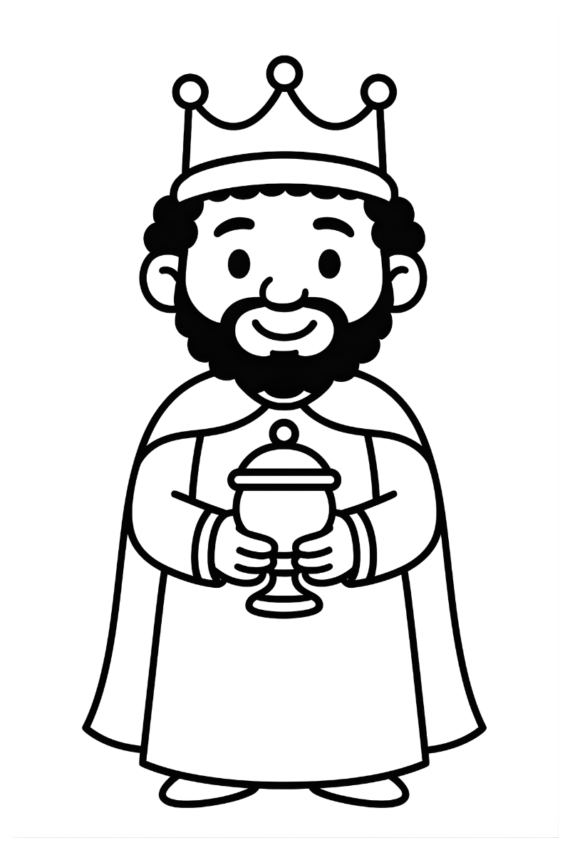baltasar rey mago dibujo para colorear e imprimir con barba rizada y cofre de mirra para colorear