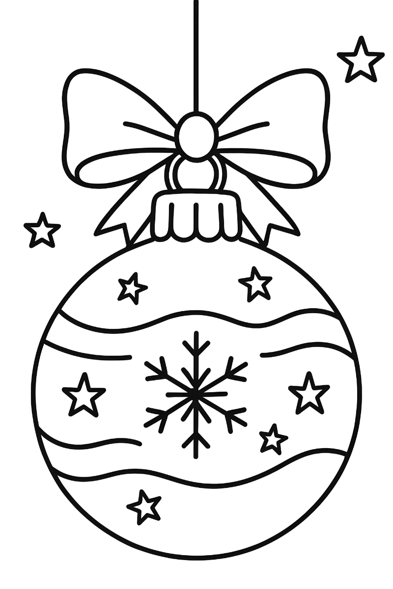 bola de navidad dibujo para colorear con lazo, copo y estrellas para imprimir