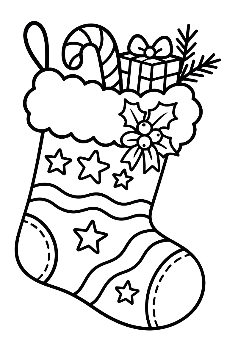 calcetin navideño dibujo para imprimir en A4 con ondas, estrellas y regalo