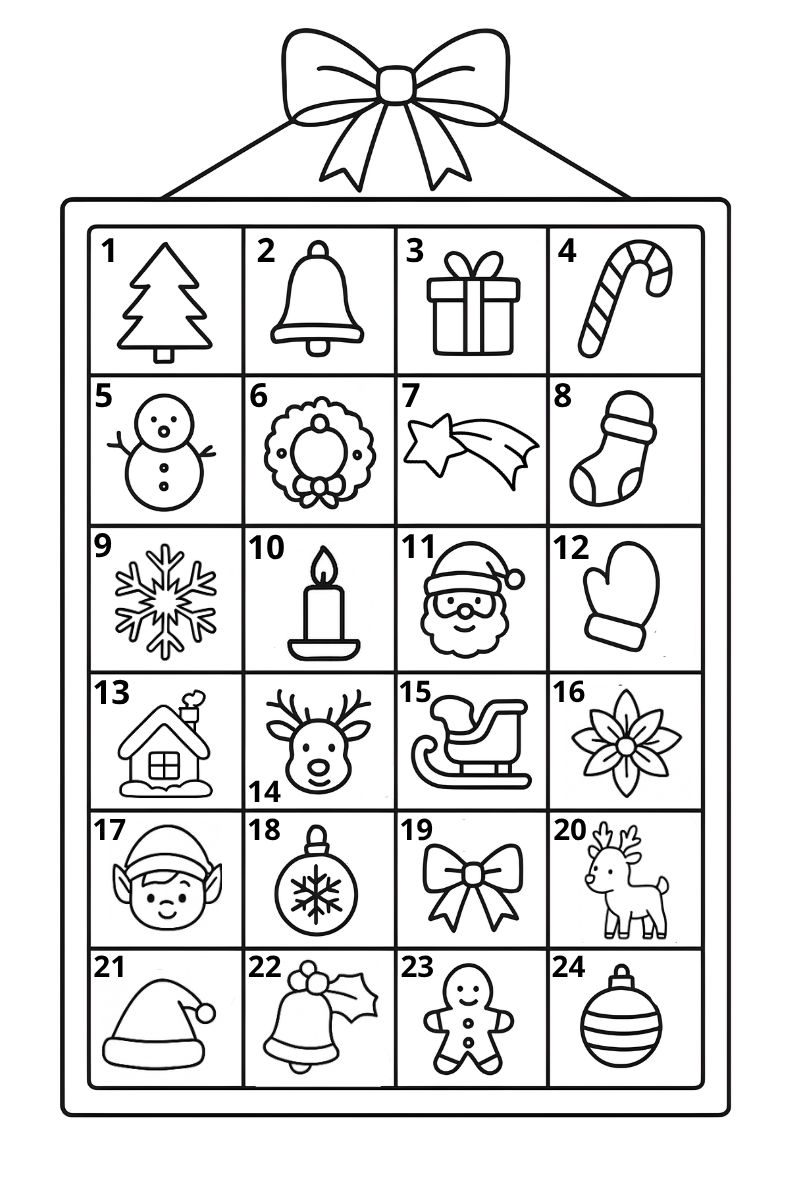 calendario de adviento dibujos para imprimir gratis con figuras navideñas