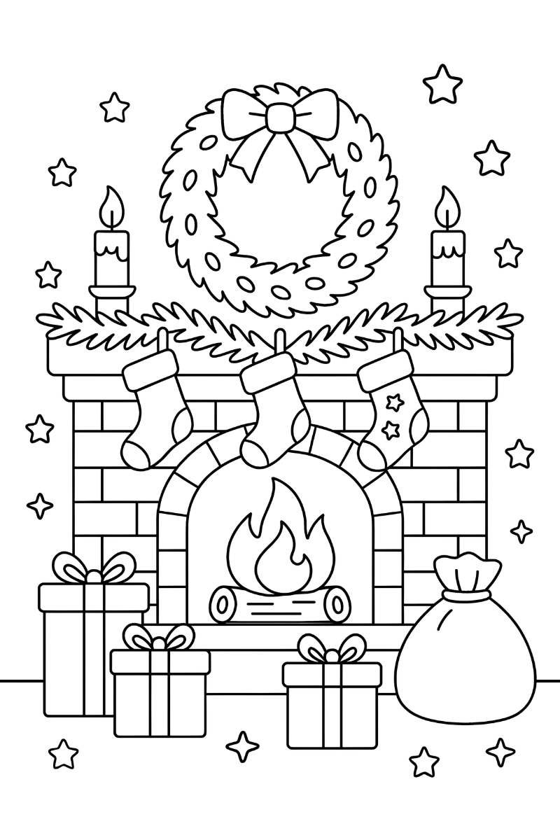Chimenea de navidad dibujo para colorear con fuego, calcetines y corona para colorear