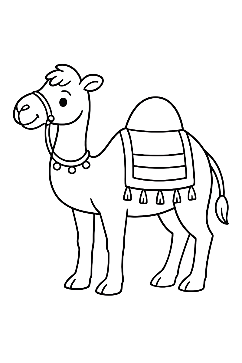 dibujo camello navidad para colorear e imprimir con manta y borlas listo para colorear en el Belén