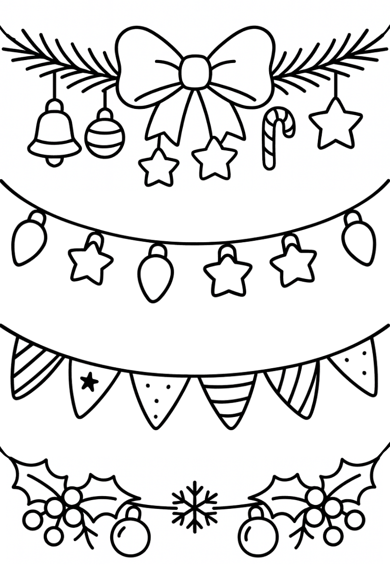 dibujo guirnaldas de navidad para imprimir con luces, lazos, banderines y acebo para colorear