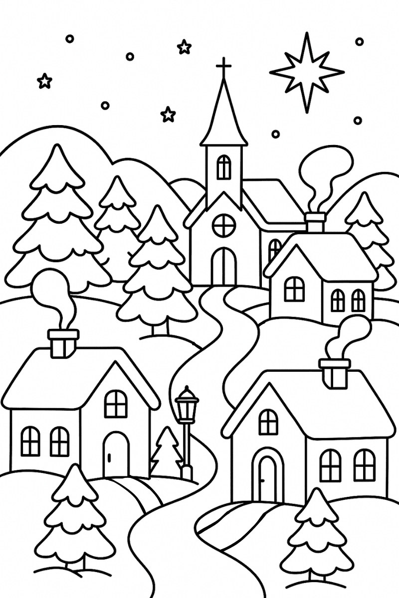 dibujo pueblo navideño para colorear e imprimir en A4