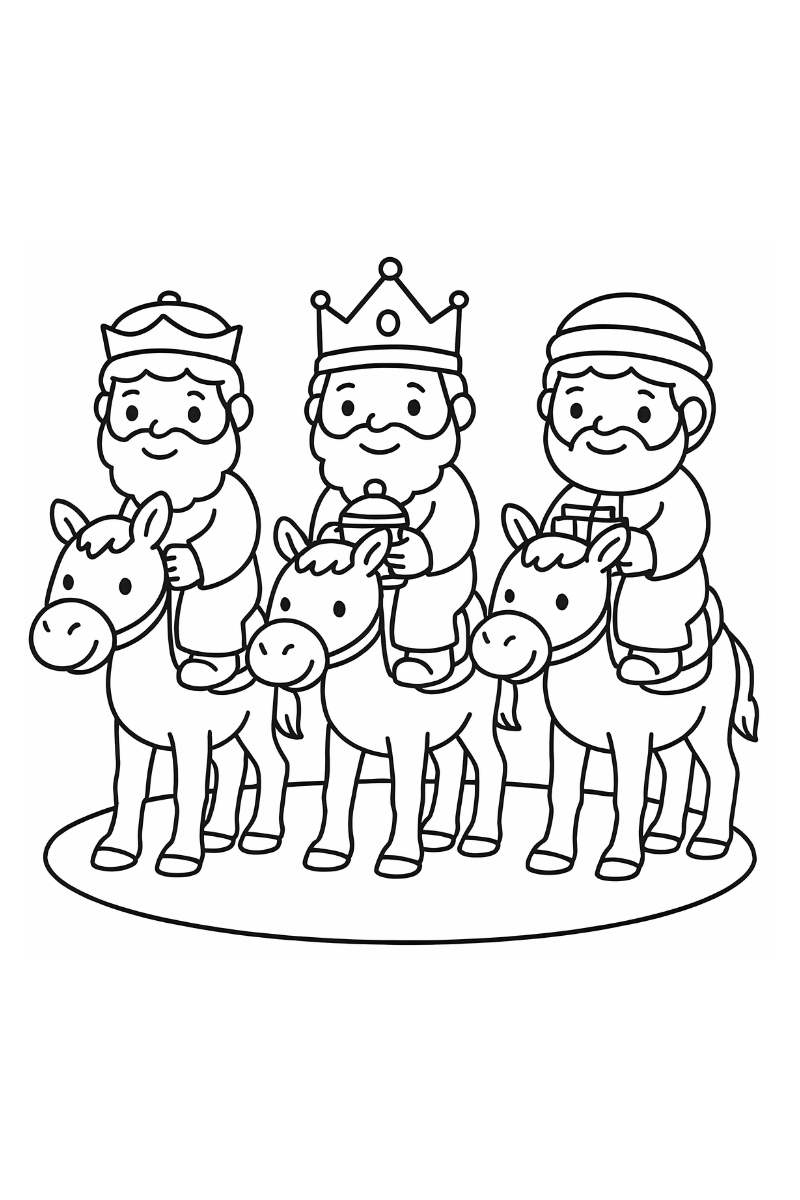 dibujo reyes magos en camello para colorear con tres cofres para colorear