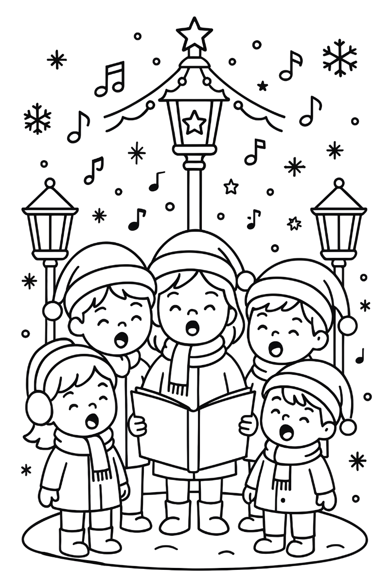dibujo villancicos para colorear con niños cantando, farolas y notas musicales para colorear