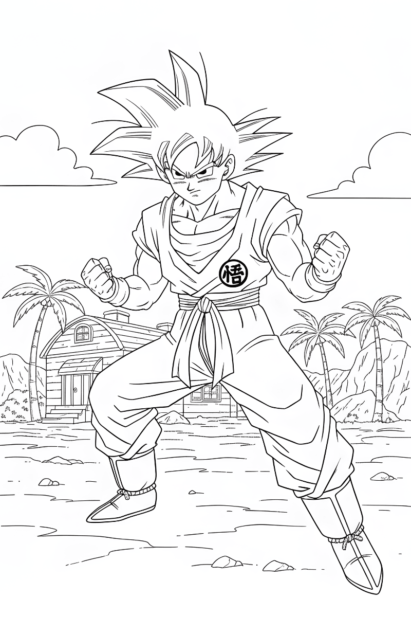 dibujos de goku para colorear con fondo de palmeras nubes y casita