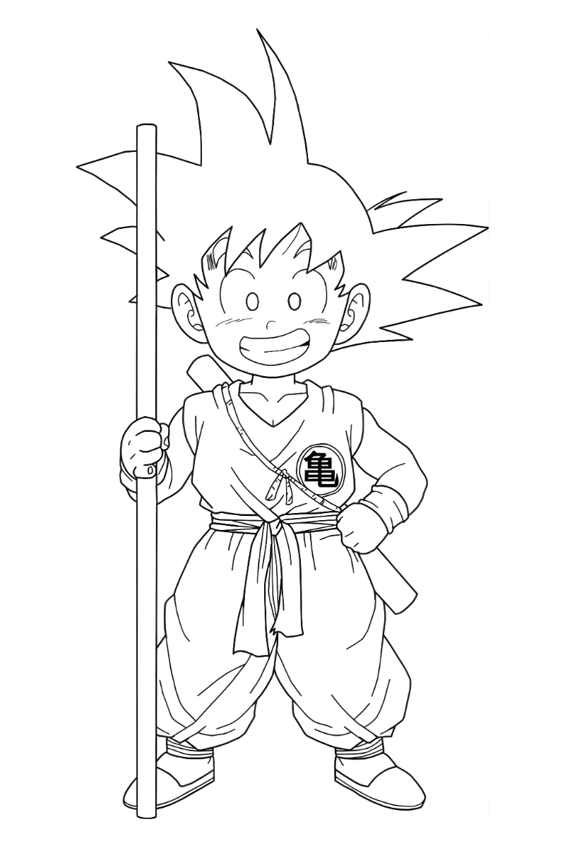 dibujos de goku pequeño para colorear con pelo en picos y bastón vertical