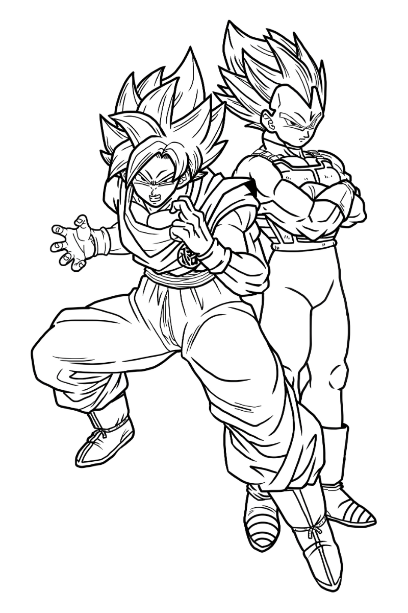 dibujos de goku y vegeta para colorear en pose de combate con detalles de traje y armadura