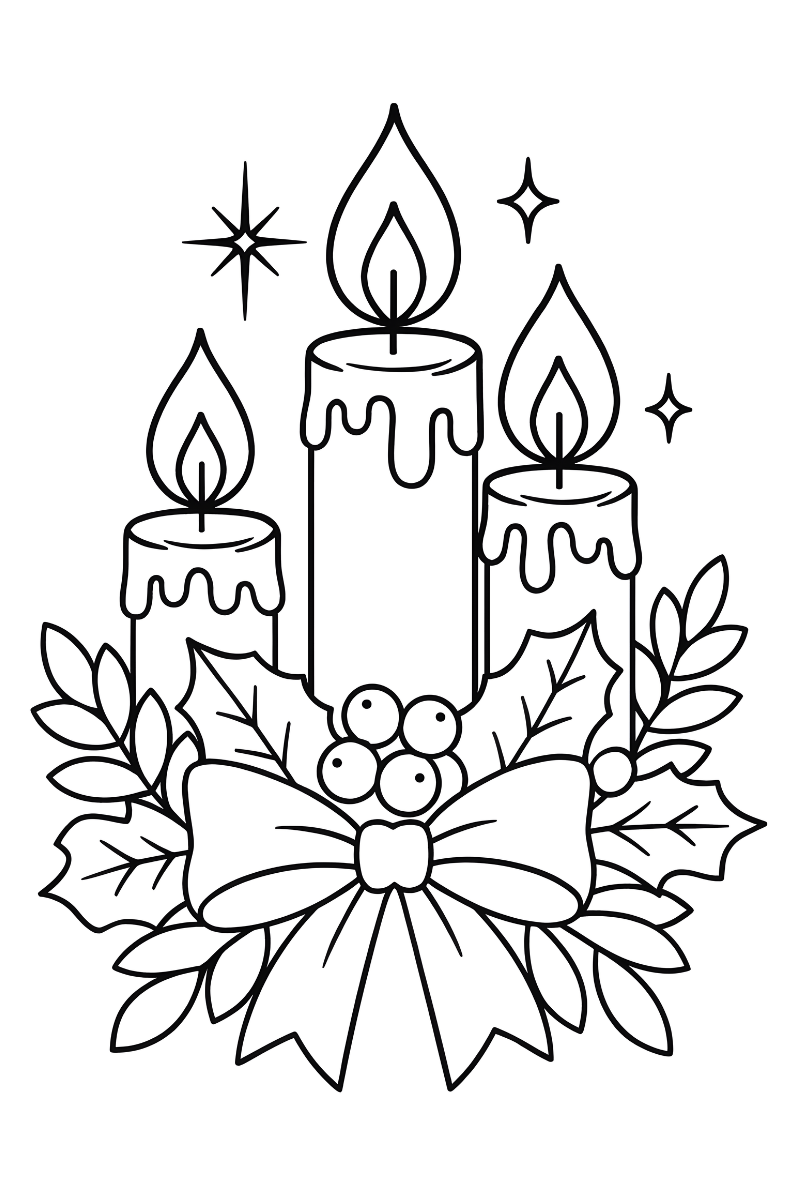 dibujos de velas de navidad para colorear con tres velas, lazo y hojas de acebo para colorear