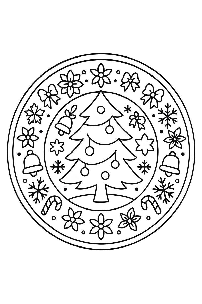 mandalas de navidad para colorear con árbol central y corona de lazos y copos para colorear