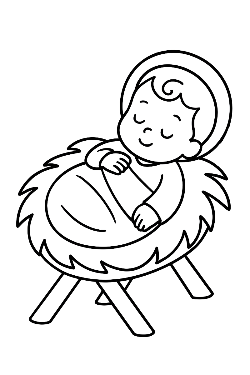 niño jesus dibujo para colorear e imprimir en belén con manta y aureola infantil