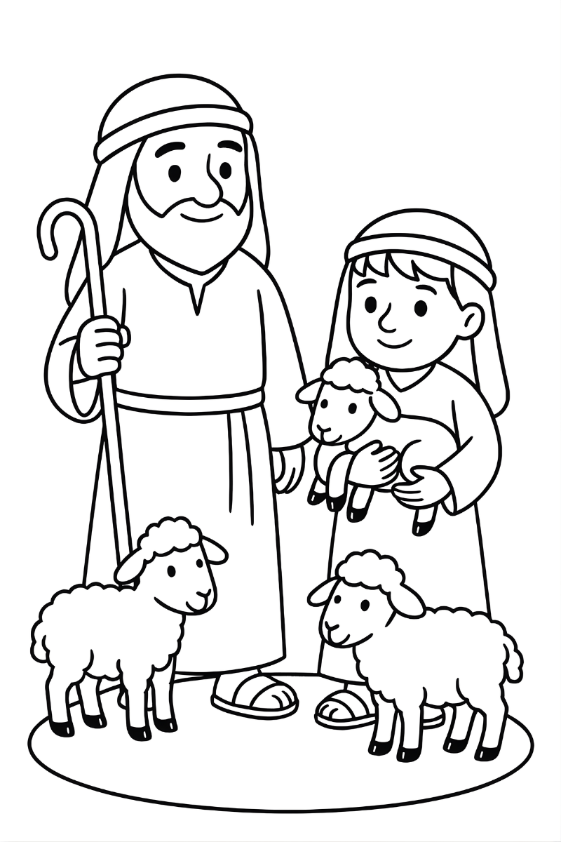 pastores de belen dibujos para imprimir y colorear con niño, adulto y ovejas